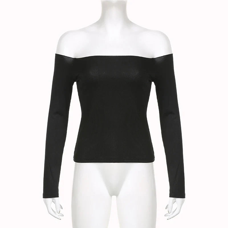 Black Solid Slash Neck Elegant Long Sleeve Tops Korean Fashion Slim Sexy Cropped T Shirt Women Fall Clothing