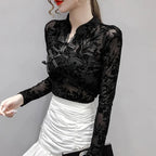 Elegant Chinese Style Mesh Lace Bottoming Shirt Casual Hollow Slim Woman's Shirt Vintage Long Sleeve Sexy Mesh Tops Blusas 11010