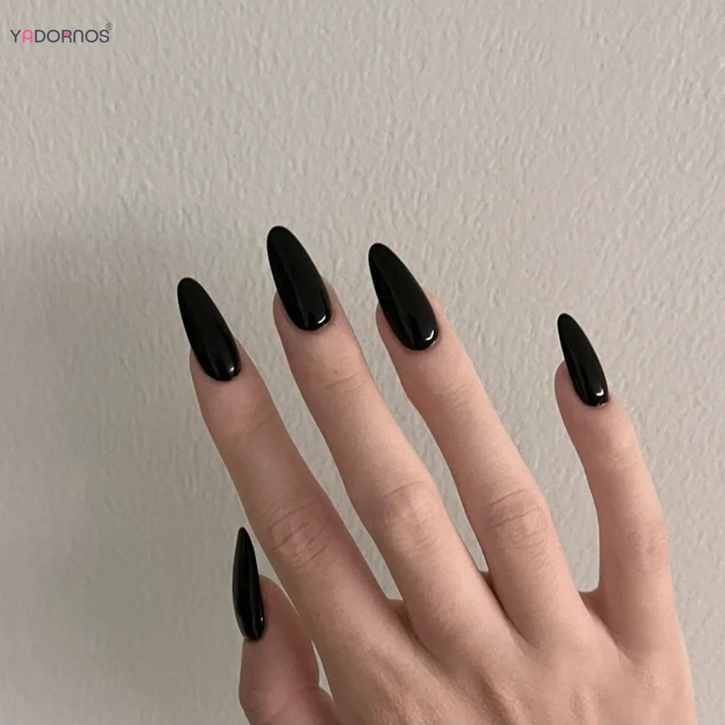 Almond Mid-length Black Fake Nail Solid Color Press on Nails Simple Full Cover Artificial Nail For Girls Nail Extension 24Pcs