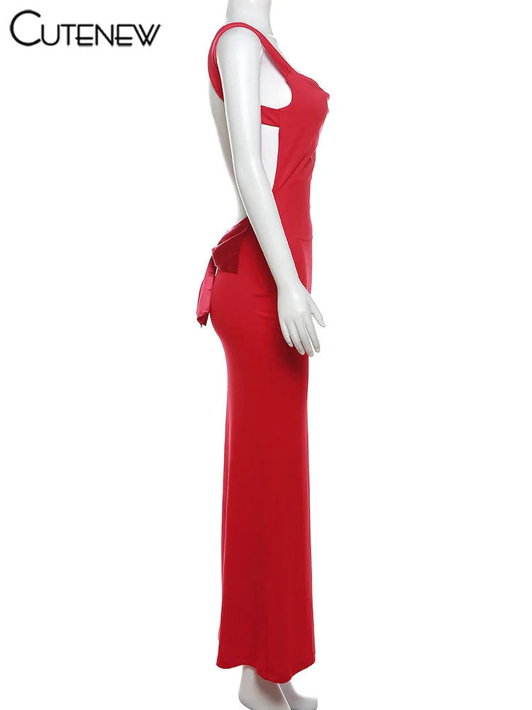 Cutenew Women's Elegant Solid Maxi Dress Sexy Halter Spaghetti Lady Long Dresses Bowknot Lace-up Girl Backless Female Party Robe