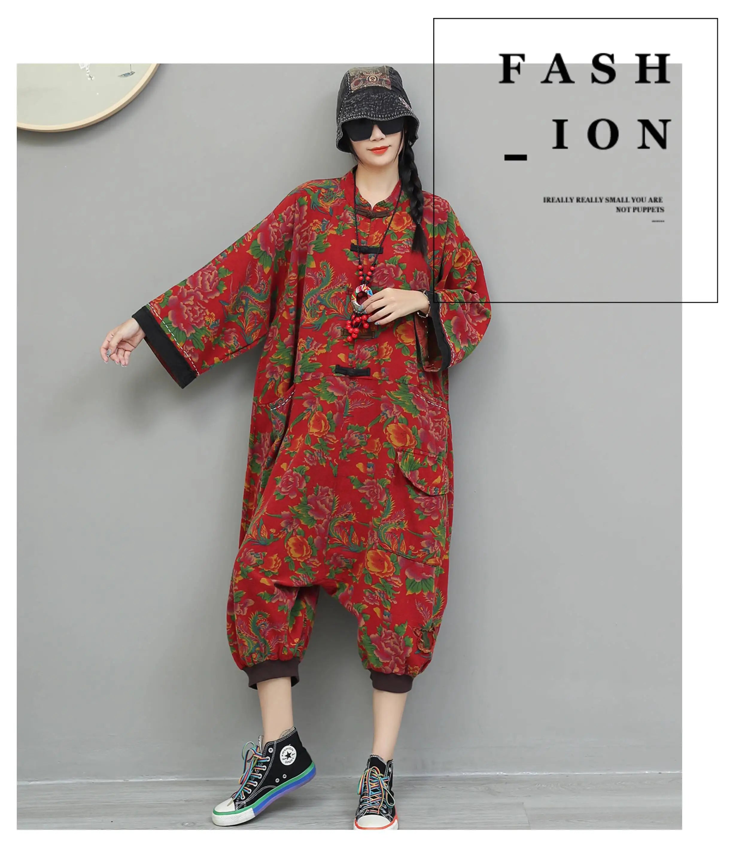 Artistic Large Floral Cotton Linen Chinese Style Button Embroidery Loose Casual Jumpsuit Women LX4344