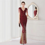 DEERVEADO Elegant V Neck Mermaid Evening Dress Long Luxury Beads Women Evening Party Dresses 2025 New Formal Dress 19085