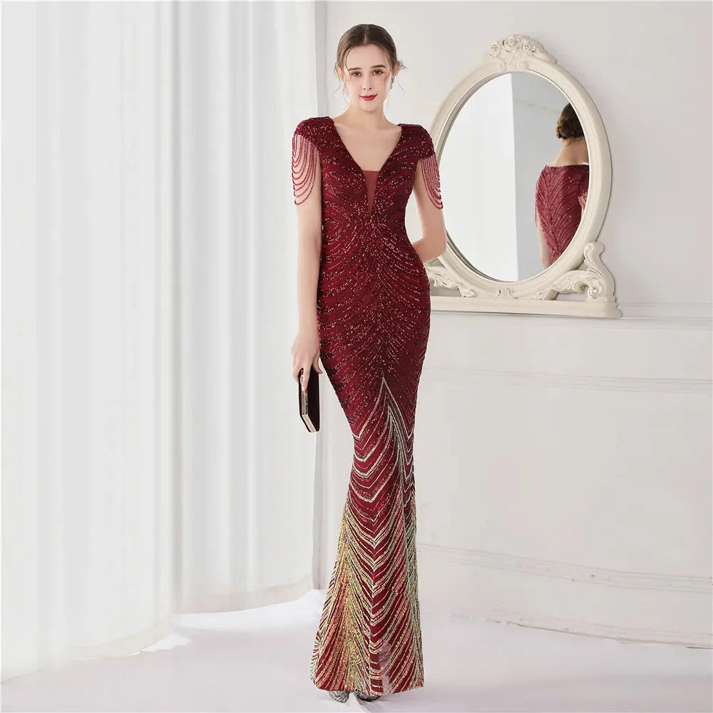 DEERVEADO Elegant V Neck Mermaid Evening Dress Long Luxury Beads Women Evening Party Dresses 2025 New Formal Dress 19085