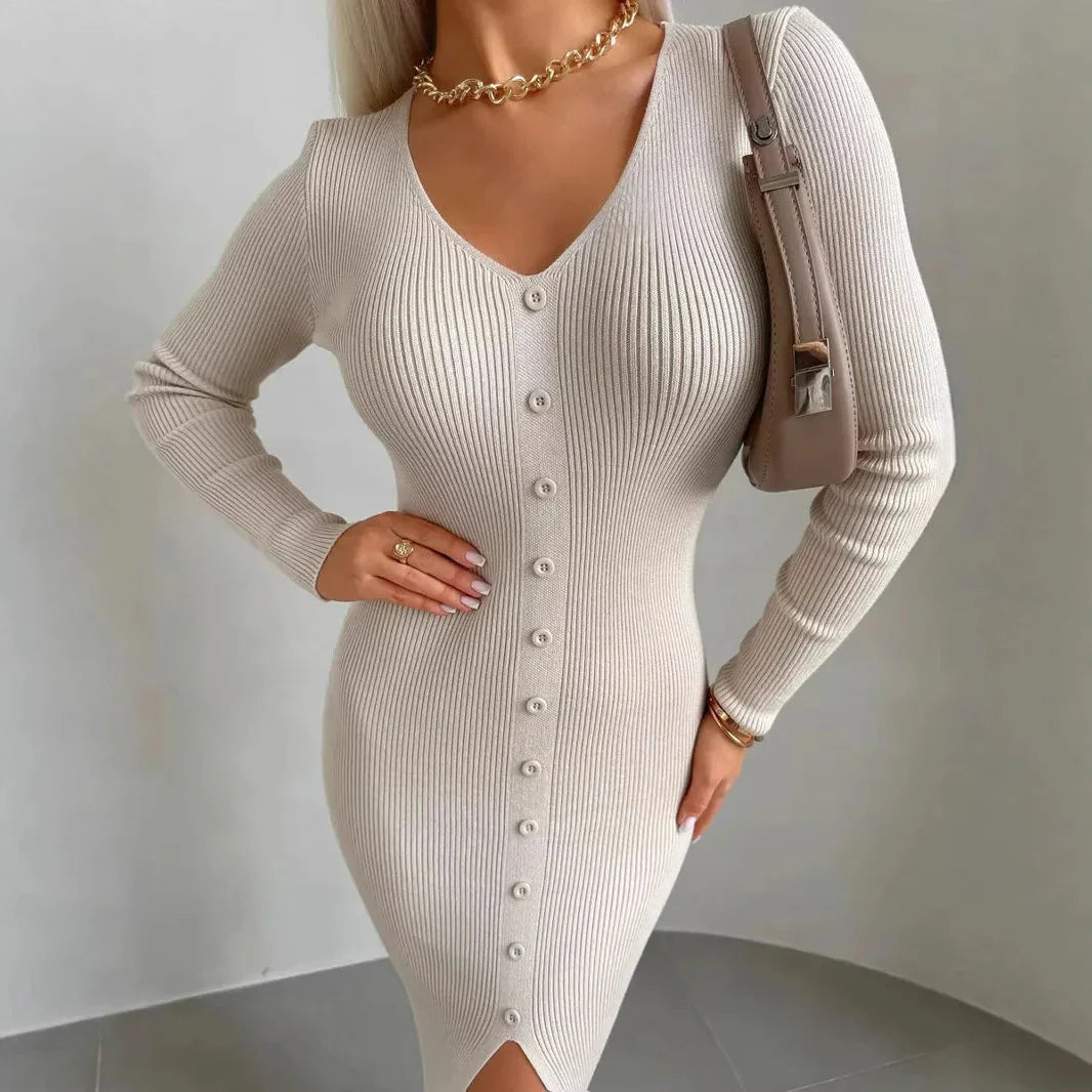 2025 Knitted Dress For Women Vintage Fashion Long Sleeve Dresses Solid Single Breasted V Neck Midi Autumn Winter Dress Скучать