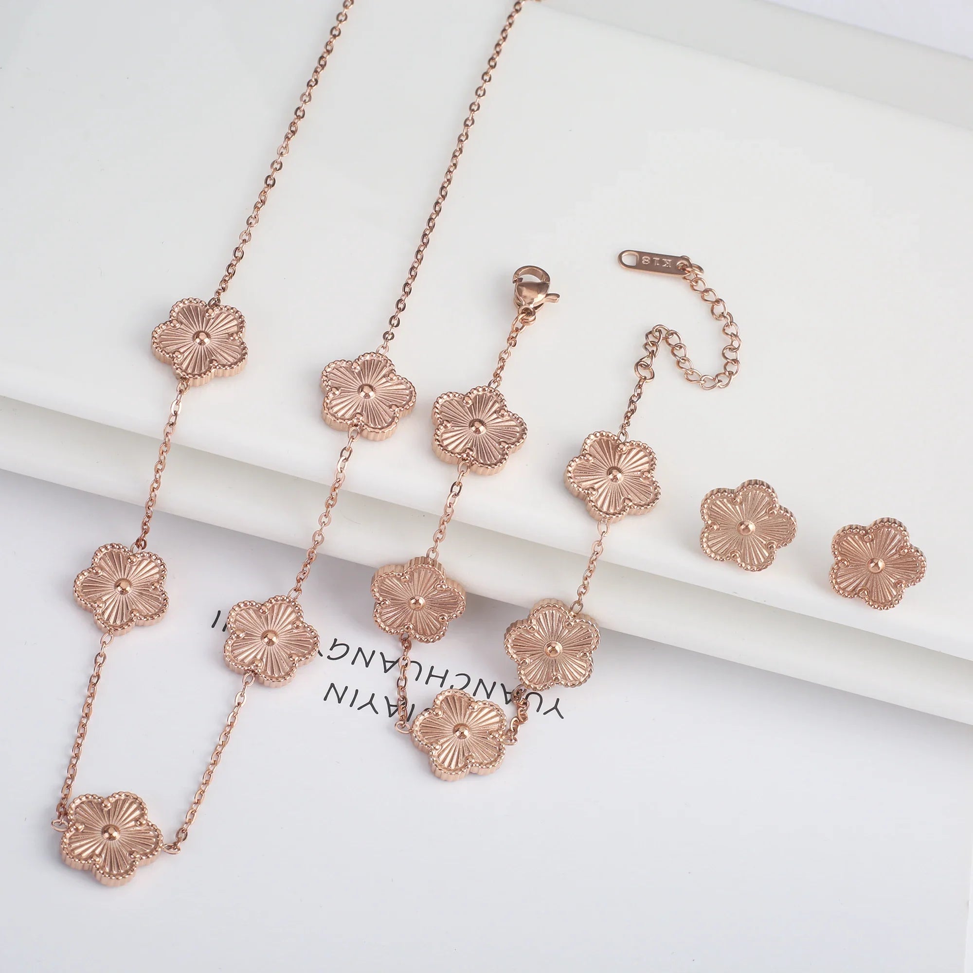 3Pcs Stainless Steel Hot Selling Gold Plated Clover Necklace Earrings Bracelet Jewelry Set Five Leaf Flower Jewelry For Women