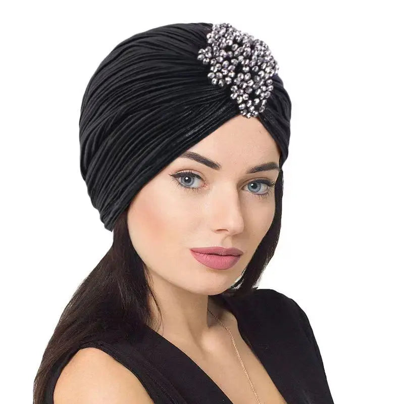 Ethnic Gathered Headscarf with Clover Crystal Gold Foil Print Fashion Hair Cover for Women Hijab Head Wrap Accessory