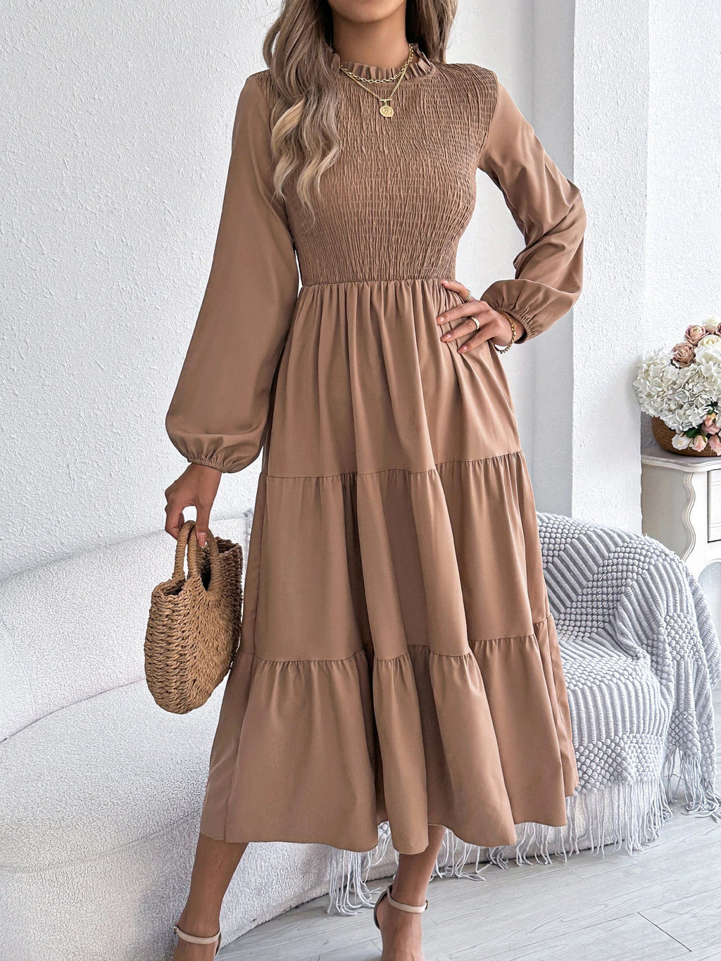 Autumn Winter Elegant Dresses for Woman Solid Color Round Neck Long Sleeve Ruffled Dresses Khaki Green Red