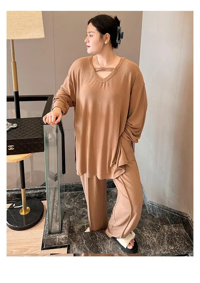 150KG Extra Large Size Loose Pajamas Women Solid Long-sleeved V-neck Two-piece Set Spring Casual Loungewear Can Be Worn Outside
