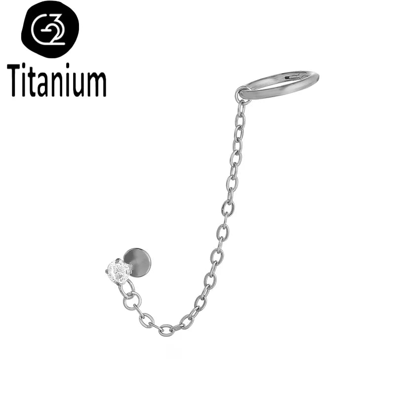 Chain Earring with Labret Ear Stud ASTM G23 Titanium Piercing Nose Ring Cartilage Helix Daith Punk Lip Piercing Body Jewelry 16G