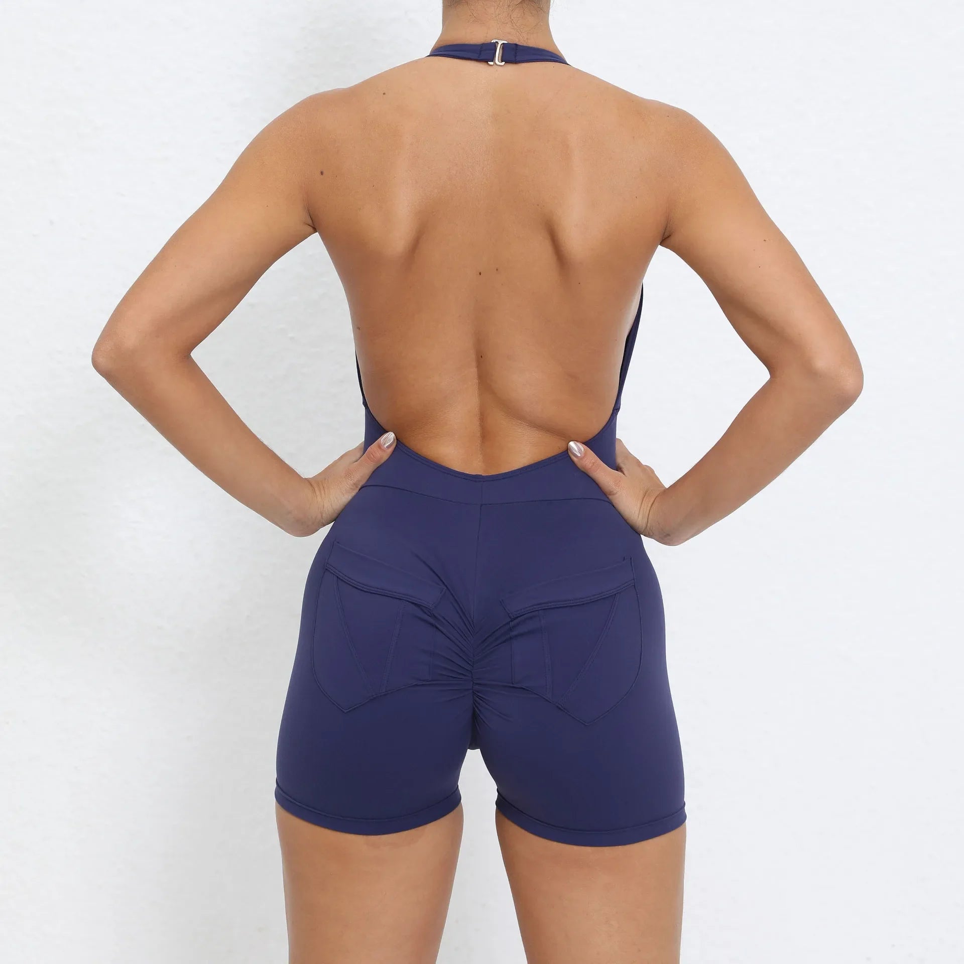 Gym Sport Jumpsuit Short Jumpsuit with Pocket Women Sportswear One Piece Yoga Set Sexy Backless Scrunch Fitness Overalls Romper