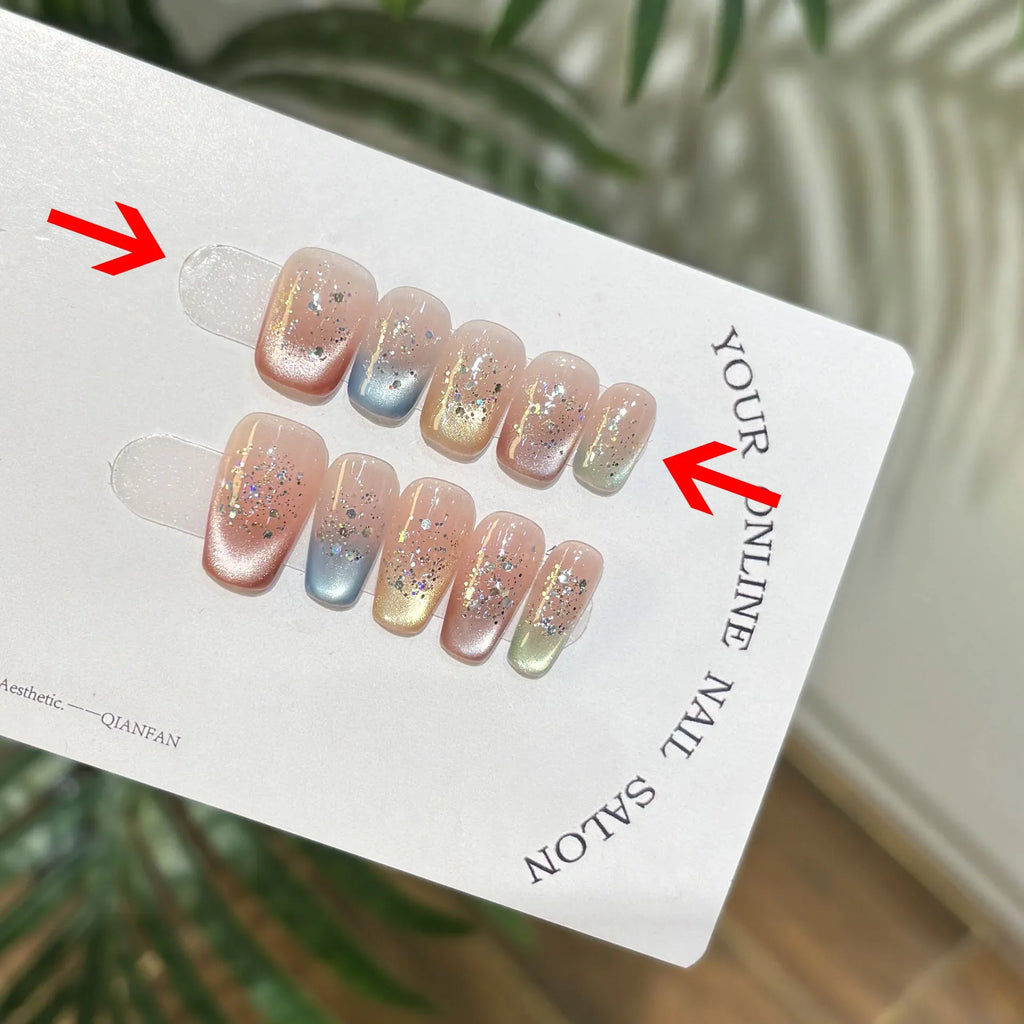 10pcs Handmade Fake Nails with Sticky Tabs Summer multicolor French Cat Eye Beautiful press on Nails Medium Short Stick-on Nails