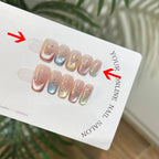 10pcs Handmade Fake Nails with Sticky Tabs Summer multicolor French Cat Eye Beautiful press on Nails Medium Short Stick-on Nails