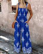 2025 Summer Female Jumpsuits with Pockets Fashion Printing Wide Legs High Waist Women's Rompers Sleeveless Strap Pants Trousers