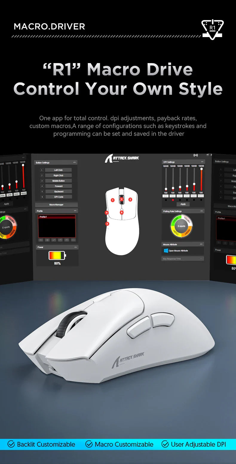 Attack Shark 18000DPI Wireless Mouse, 1000Hz,PAW3311,Bluetooth Tri-mode Connection, R1 Macro Gaming Mouse