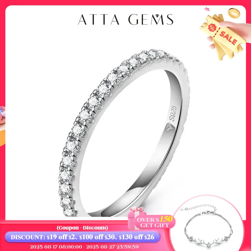 ATTAGEMS Solid 925 Sterling Silver Rings for Women Moissanite Full Eternity Wedding Band Engagement Wedding Ring Fine Jewelry