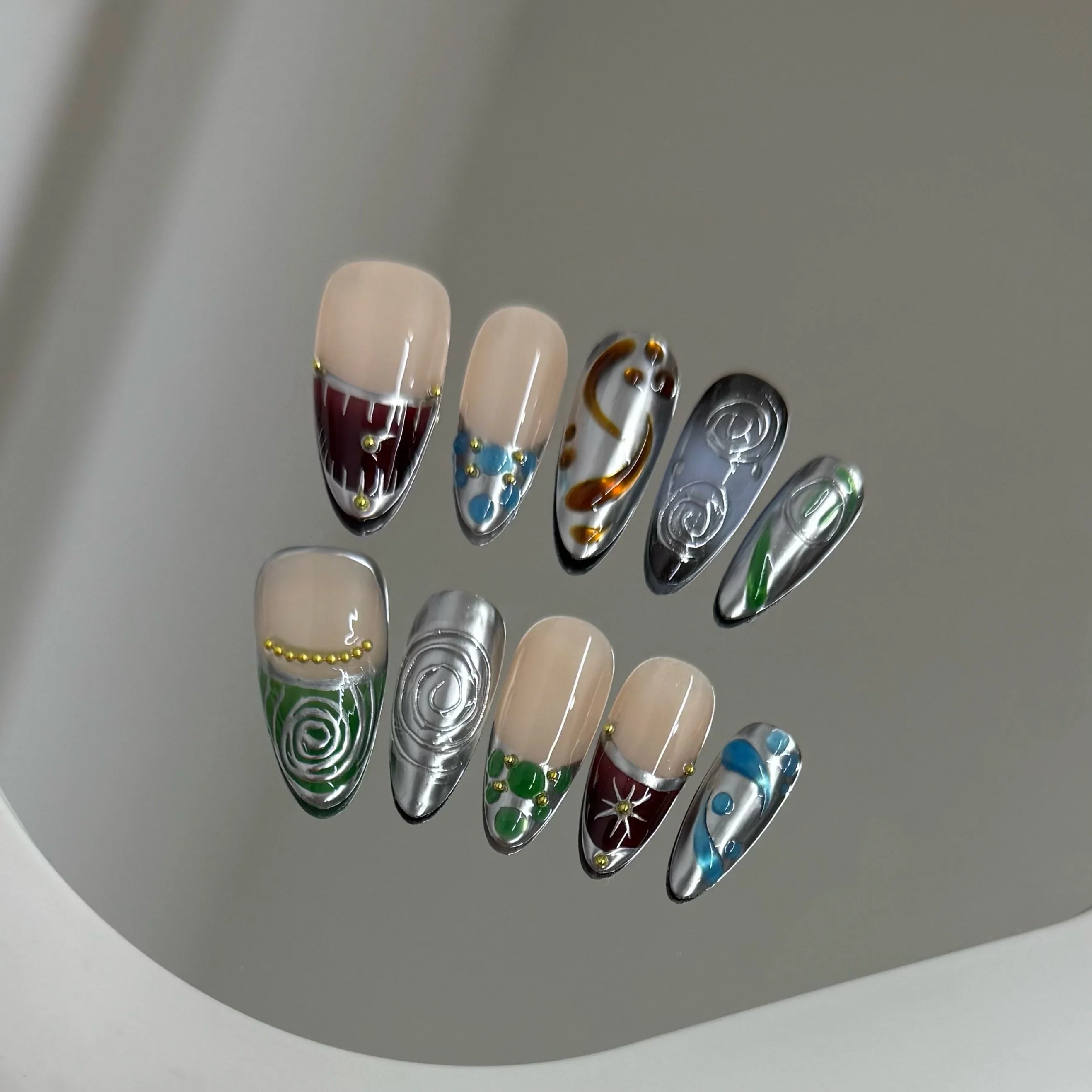 10pcs Handmade Press on Nails Y2k Starry Night Sky Almond Fake Nail Tips Detachable Wearable Sweet Cool False Nails for Girls