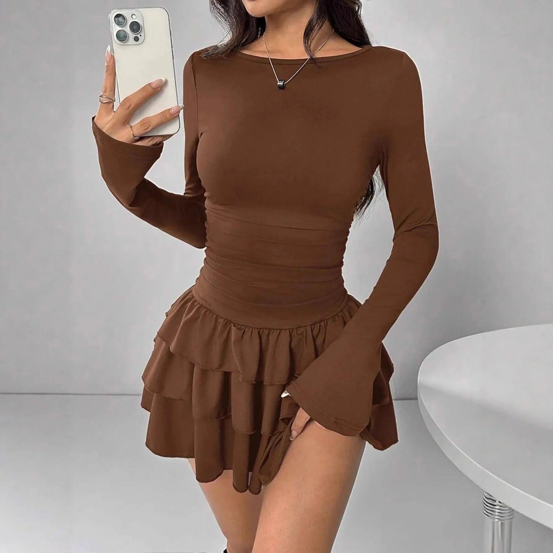 2025 Autumn Solid Slim Fit Cascading Ruffles Mini Dress Winter Women Elegant Flare Sleeve High Waist Sexy Party Bodycon Dresses
