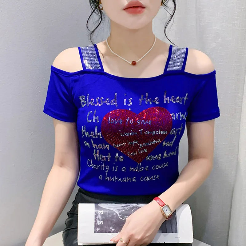 Aoxison Summer Short Sleeved Women's T-Shirt Elegant Slim Shiny Love Heart Diamonds Mesh Tops Chic Girl Sexy Off Shoulder Tees