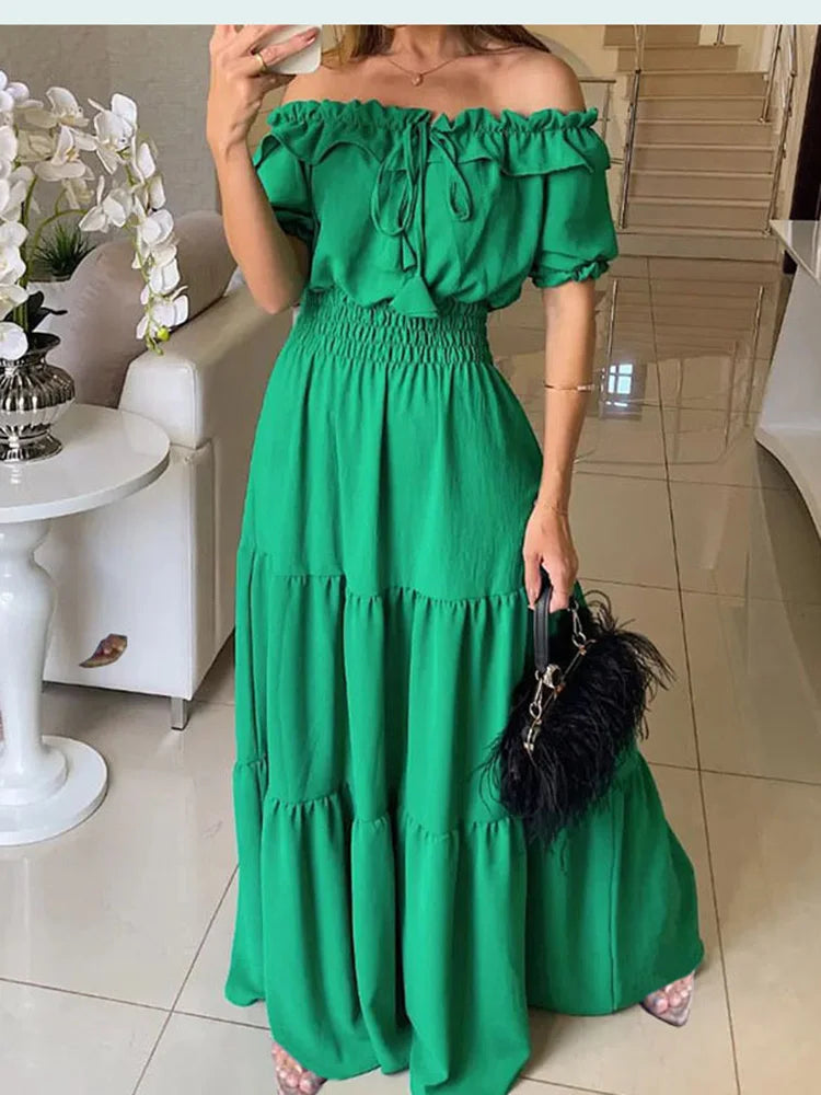 2025 Summer Solid Boho Dress Women Fashion Elegant Beach Party Dress Casual Slash Neck Office Maxi Dresses For Woman Robe Femme