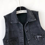 2024 Fashion Design Sequins Denim Vest Summer Autumn Women's Waistcoat Korean Leeveless Denim Jeans Jacket Female Vest Tops