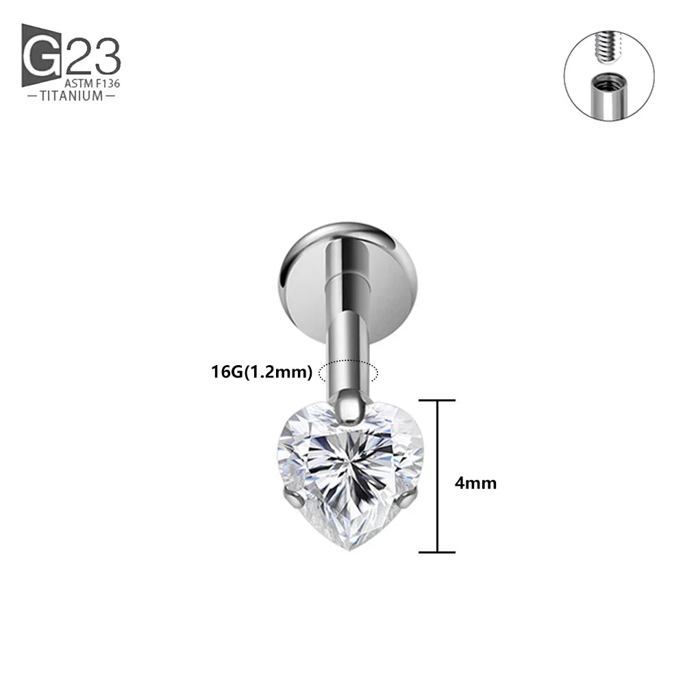 1/10PCS ASTM F136 Titanium 16G Heart CZ Threaded Labret 3mm/4mm CZ Cartilage Tragus Helix Nose Stud Piercing Jewelry
