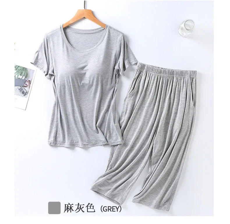 2025 summer new ladies modal pajamas two-piece suit with chest pad short-sleeved cropped trousers plus size home service set
