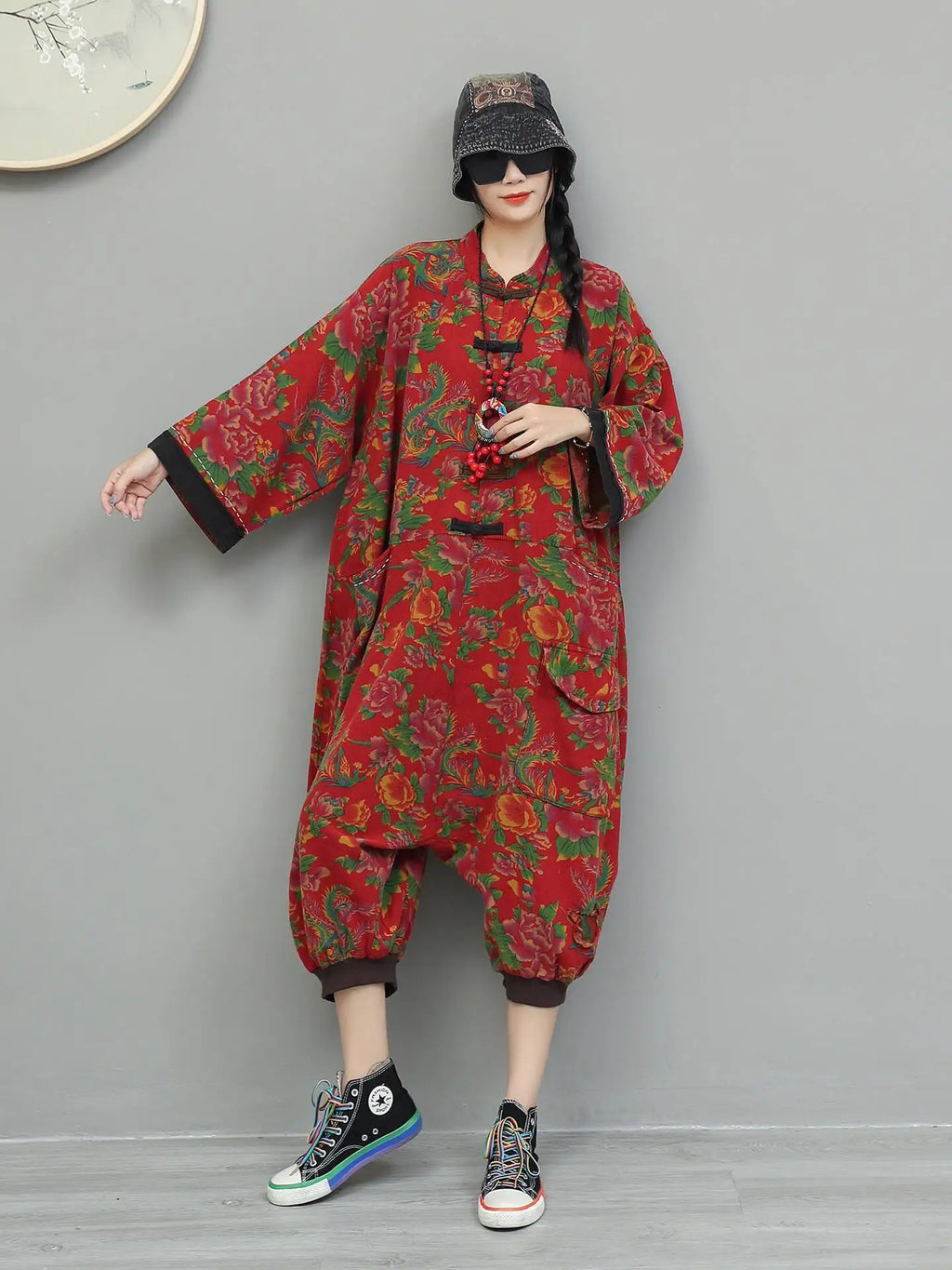 Artistic Large Floral Cotton Linen Chinese Style Button Embroidery Loose Casual Jumpsuit Women LX4344
