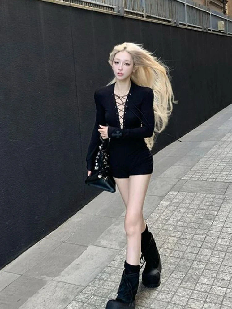 Gothic Y2k Aesthetic Women Sexy Hollow Out T-shirt Vintage Lace Patchwork Streetwear Grunge Tops Harajuku Slim Fit Black Tees