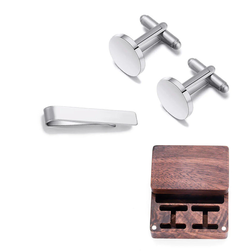 Custom Engraved Round Cufflinks & Tie Clip Set Stainless Steel Anniversary Wedding Birthday Groomsmen Gift for Father Husband