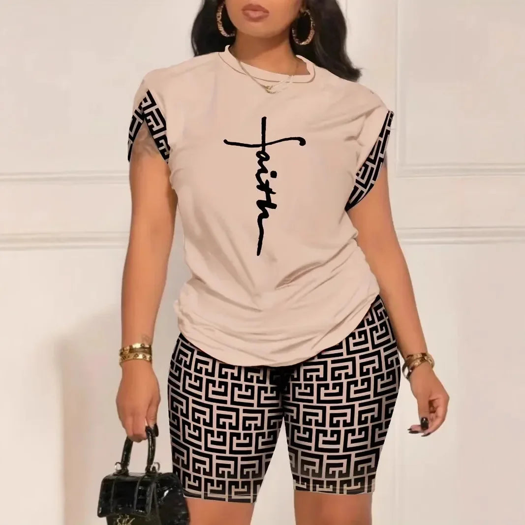 Digital Print round Neck Short Sleeve Women's Suit Summer New Style Elegance Quality Polyester Fiber Skirt Set from Mainland Chi