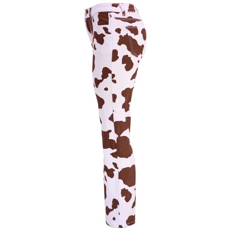 Cow Print High Waist Straight Jeans Women New Comfortable Casual Denim Pants Female Four Seasons Trousers 2024 Trend Streetwear