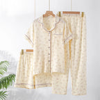2025 New Summer Women's Pajama Set 100% Cotton Crepe Short Sleeve+Shorts+Pants 3-Piece Pajama Women's Cardigan Home Clothes