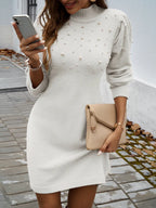 2025 Autumn Women Sweater Dresses Pearls Round Neck Long Sleeve Hip Wrap Dress Winter Elegant Ladies Casual Solid Slim Fit Dress