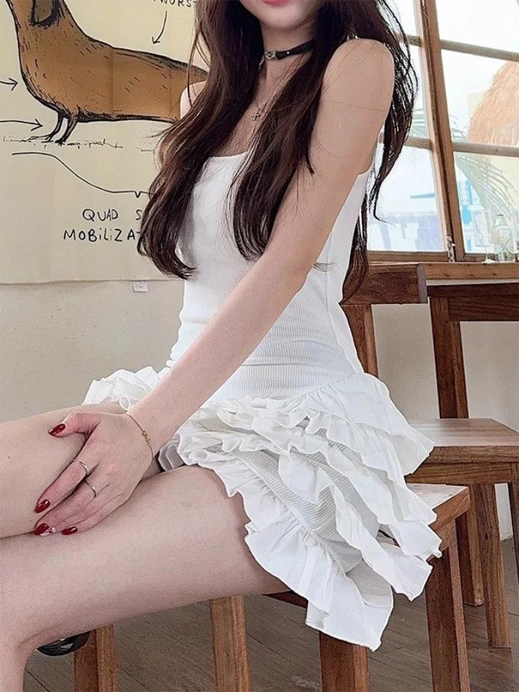 Chic Y2K Sleeveless Mini Dress For Woman Summer Black Dresses Sexy Clubwear Party Slim fit Ruffle Pleated Short Dress