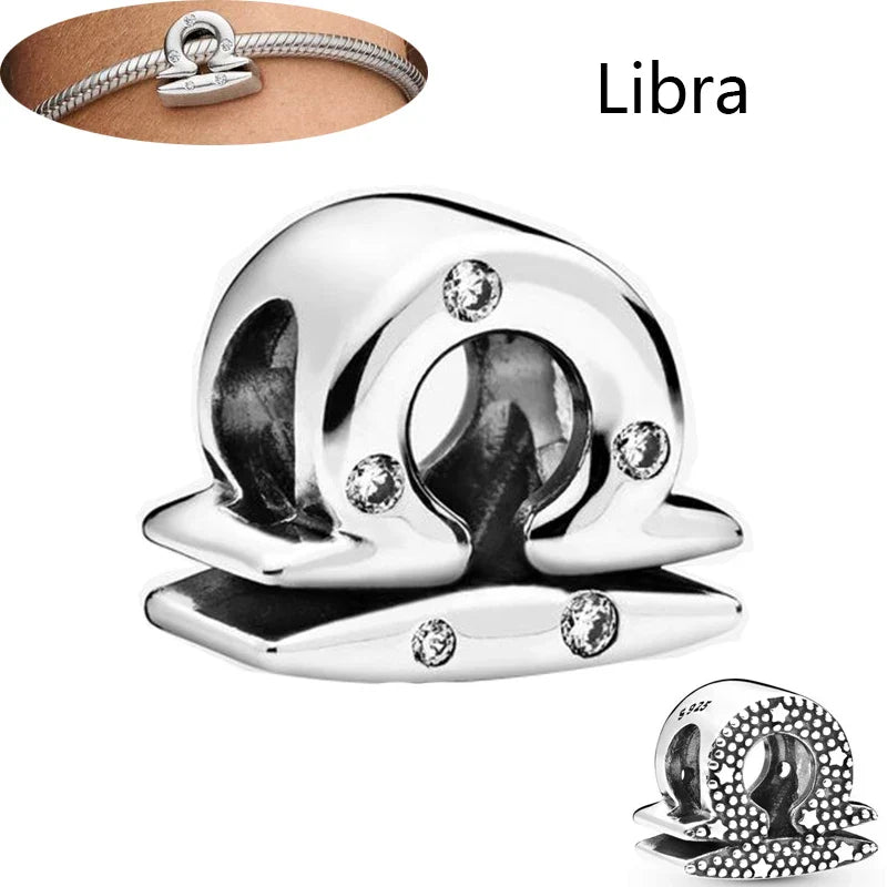 Authentic 925 Sterling Silver Sparkling Aries Leo Scorpio 12 Zodiac Signs Constellation Charm Beads Fit Pantaro Bracelet Jewelry