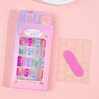 24Pcs Children Cartoon Nail Tips Colorful Cute Rabbit Pink Stars 6-14 Years old Girl Fake Nail With Jelly Glue Kids False Nail