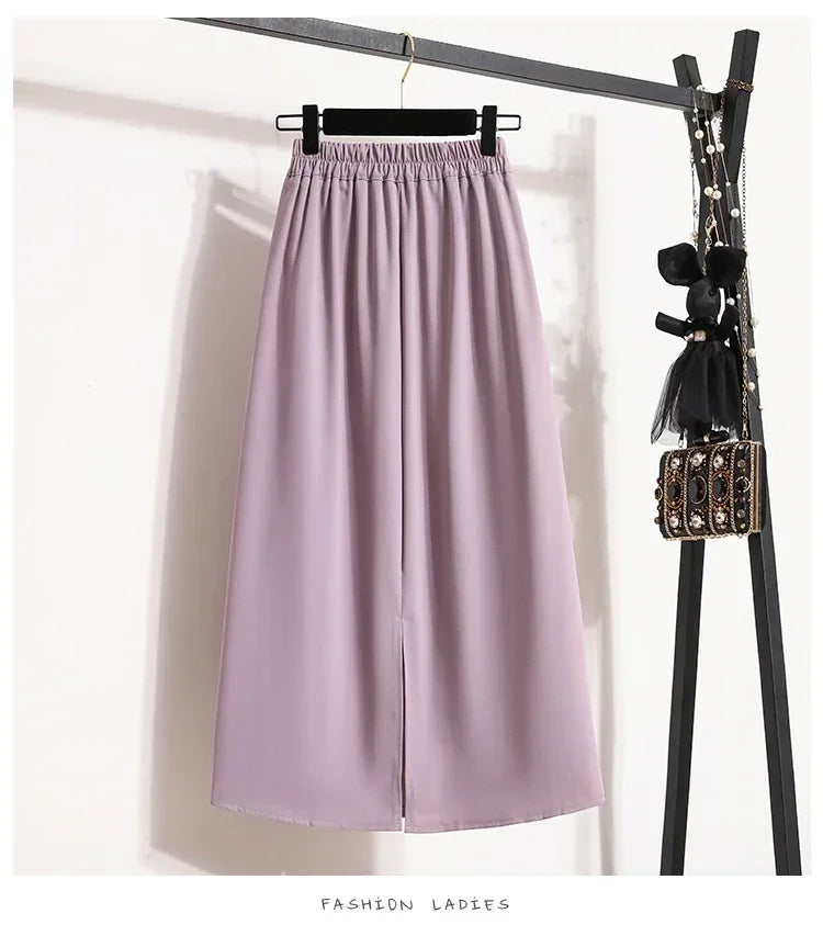 2025 Summer Female Fashionable Versatile Solid Skirts High Waisted Mid Length A-line Plus Size Skirt Split Wrap Body Skirt