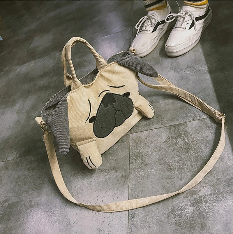 Cute Animal Handbags For Women Casual Travel Large Capacity Totes Shoulder Bags Pug Dog Corduroy Messenger Bag Feminine Bolsas