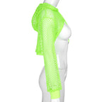 CIBBAR Street Style Fishnet Holes T Shirt See Through Hollow Out Hooded Full Sleeve Crop Top Women Casual Loose Shirt Smock Fall