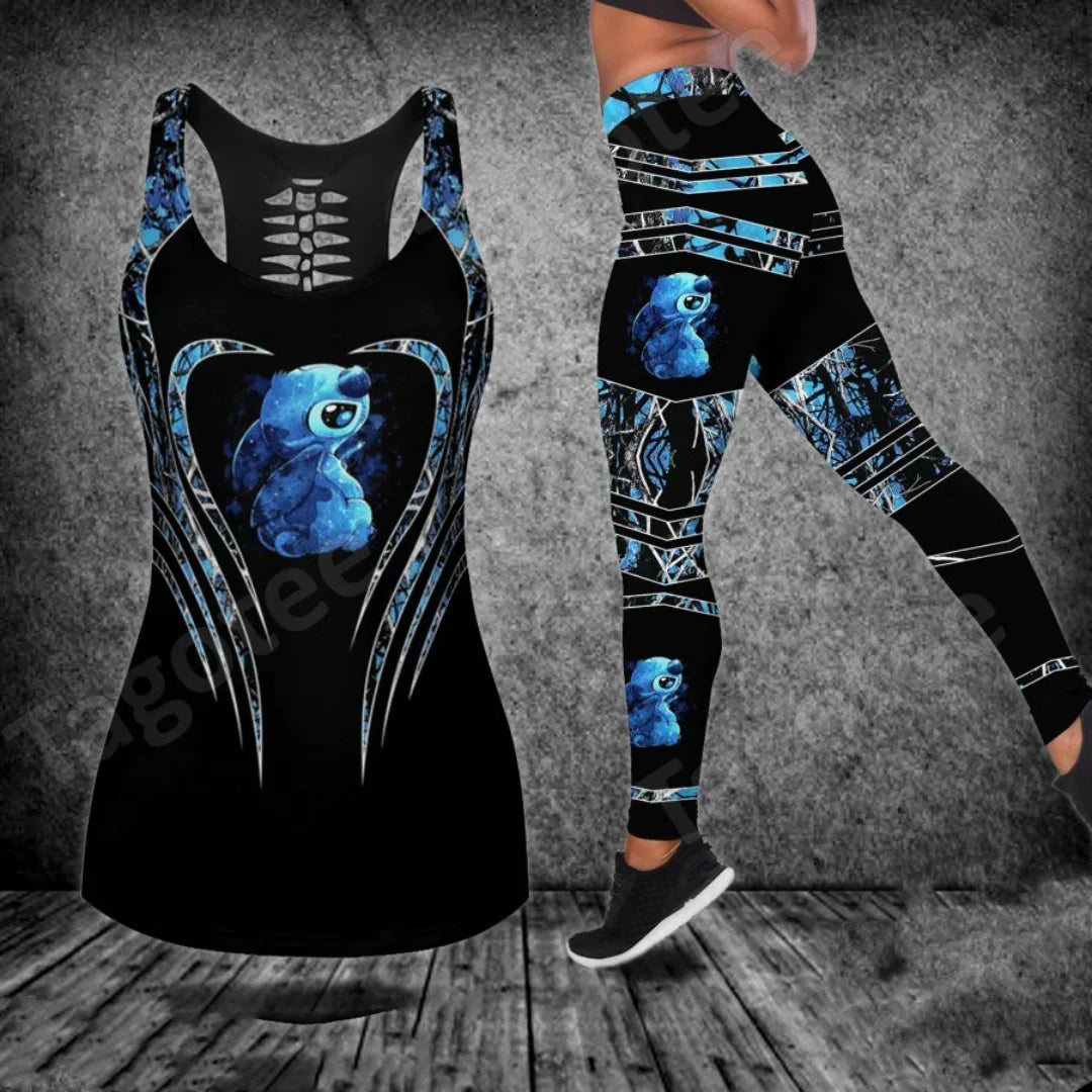 2024 Disney Stitch Women's Hollow Tanktop Yoga Set Summer Fitness Leggings Tracksuit Disney Cutout Tank Top Leggings Set