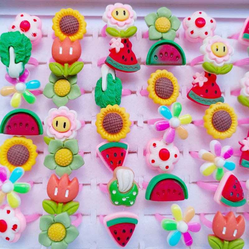 10pcs/lot Children's Cartoon Rings Candy Flower Animal Bow Shape Ring Set Mix Finger Jewellery Rings Kid Girls Toys Anillo