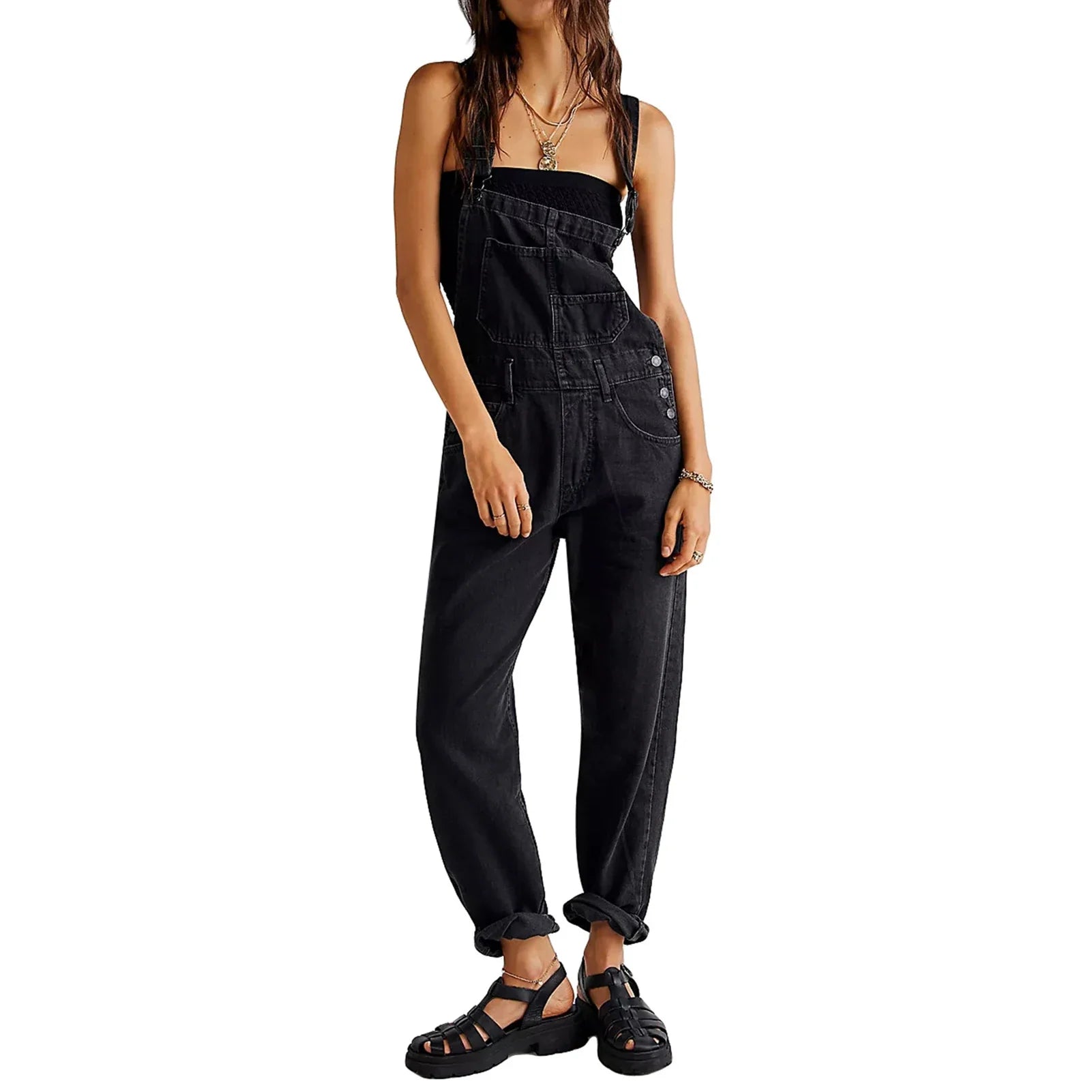 2023 Summer Black Jumpsuit Women Loose Dungarees Overalls Wide Leg Women Long Jumpsuit Ladies Overalls For Women