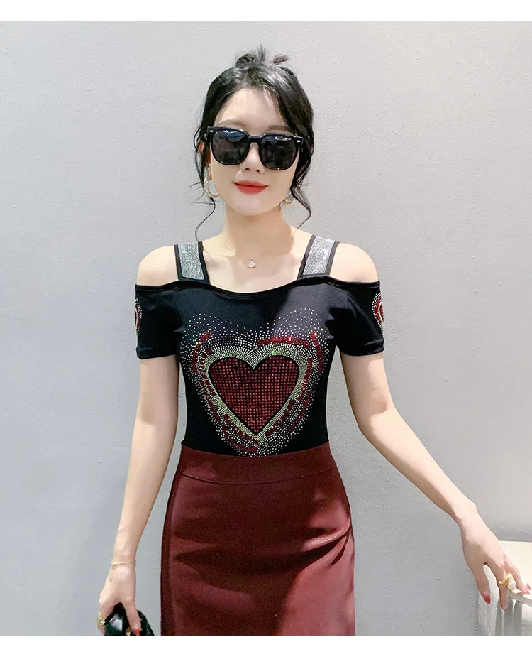 Aoxison Summer Short Sleeved Women's T-Shirt Elegant Slim Shiny Love Heart Diamonds Mesh Tops Chic Girl Sexy Off Shoulder Tees