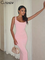 Cutenew Women's Elegant Solid Maxi Dress Sexy Halter Spaghetti Lady Long Dresses Bowknot Lace-up Girl Backless Female Party Robe