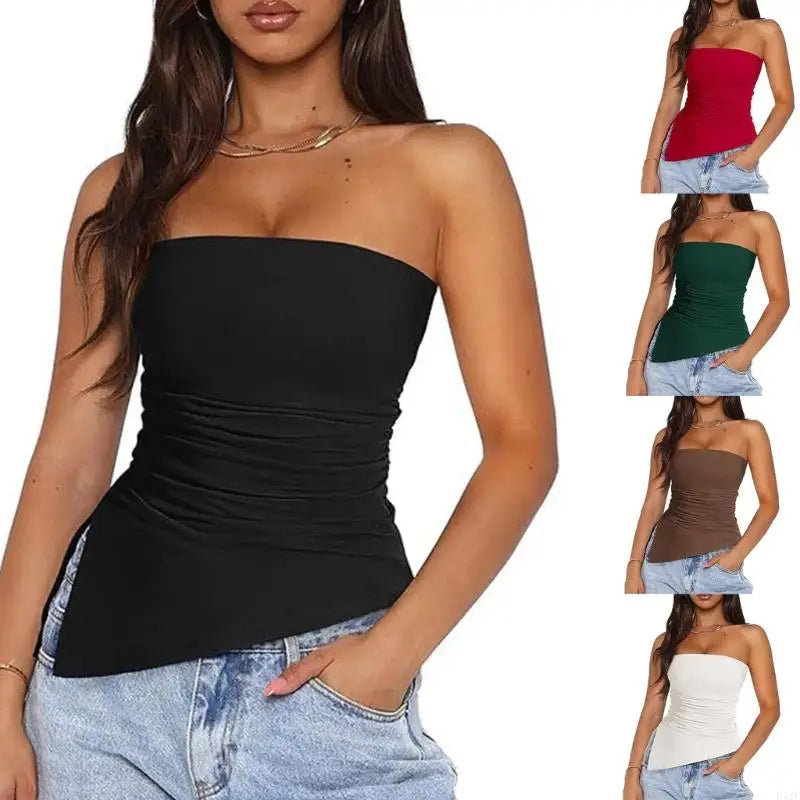 920L Strapless Ruched Asymmetrical Tube Top for Women Off Shoulder Bandeau Shirt Solid Color Side Split Fit Top
