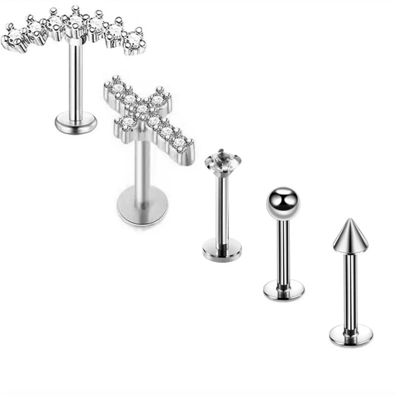 5PCS Flower Tragus Piercing Set Flat Back Cz Cartilage Stud Earring Helix Jewelry Conch Rook Stud Lot Labret Lip Piercing Bulk