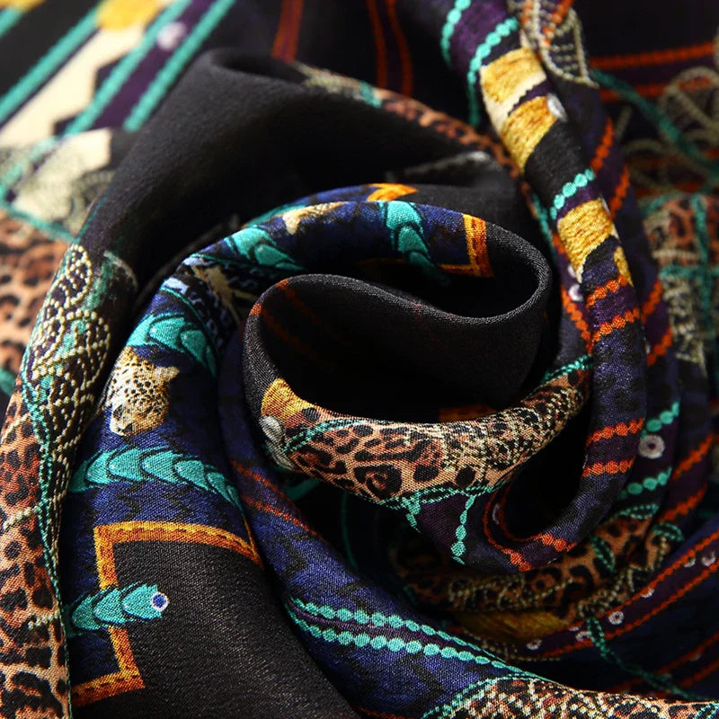 2025 Summer Bohemian Dresses For Women Elegant V-neck High Waist Women's Print Black Dress A-line 100% Real Silk Long Midi Dress