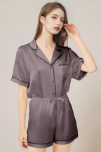 100% Real Mulberry Silk Womens Pajamas Set Sleepwear Pjs Button Down Short Sleeve Shirt Top and Shorts Loungewear 2 Piece M-4XL