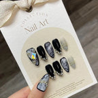 Handmade Press on Nails Black Cool European Fake Nails with Crystal Design Women Wearable Detachable Glitter Almond False Nails