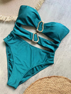 3 Colors Sexy Metal Rings Cut Out Women Swimwear One Piece Swimsuit Female Bandeau High Leg Cut Bather Bathing Suit Swim B022D